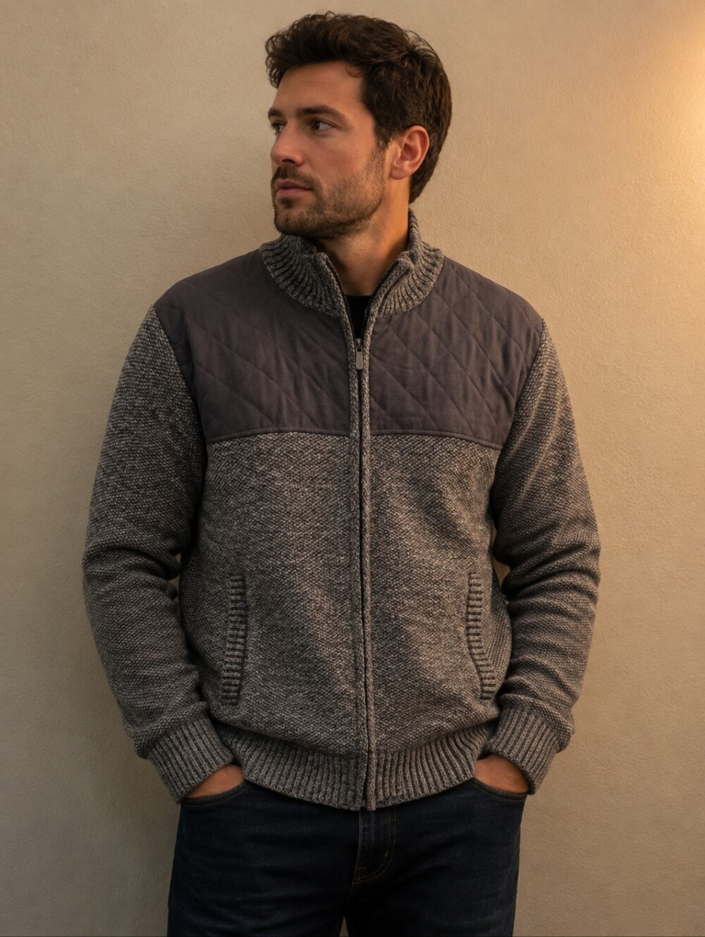 Men's Quilted Yoke Full-Zip Sweater - Heather Gray
